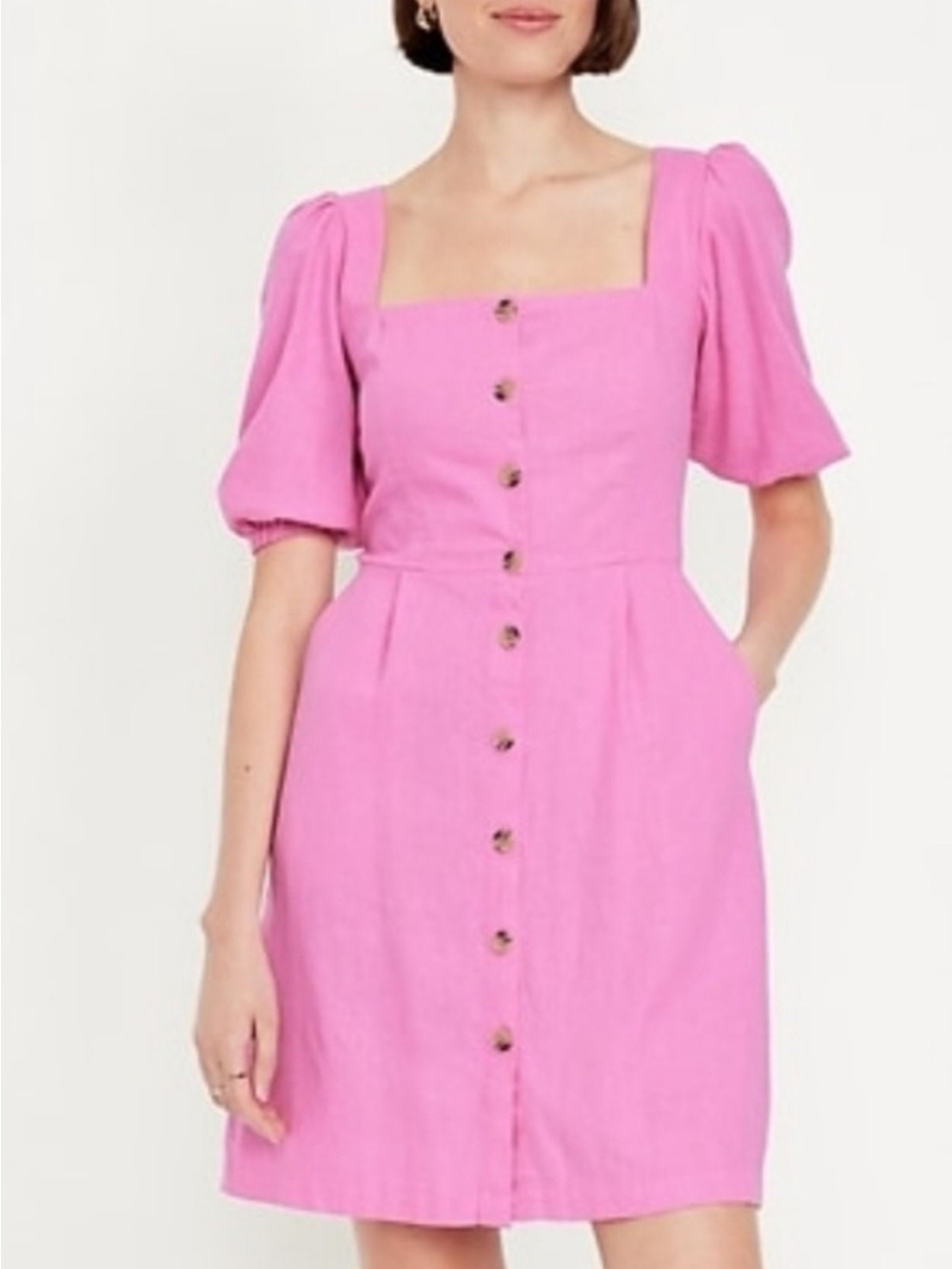 Old Navy Pink Button-Front Square-Neck Puff Sleeve Dress